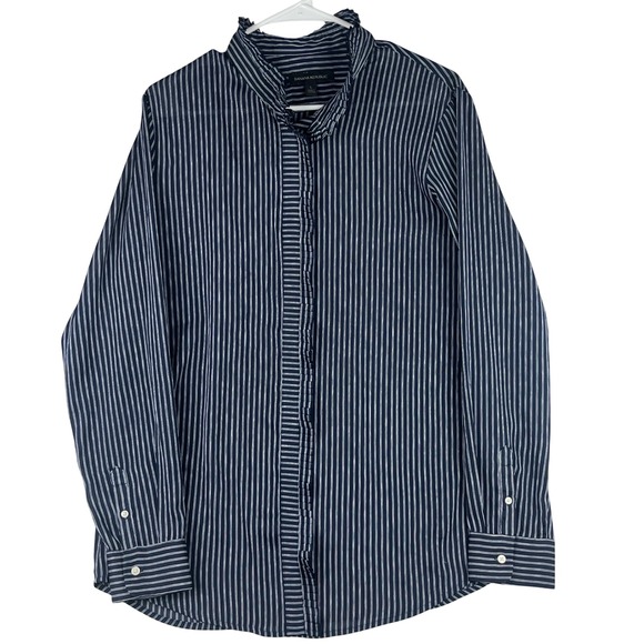 Banana Republic Tops - Banana Republic Button Up Blouse Women L Navy Blue White Striped Ruffle Neck